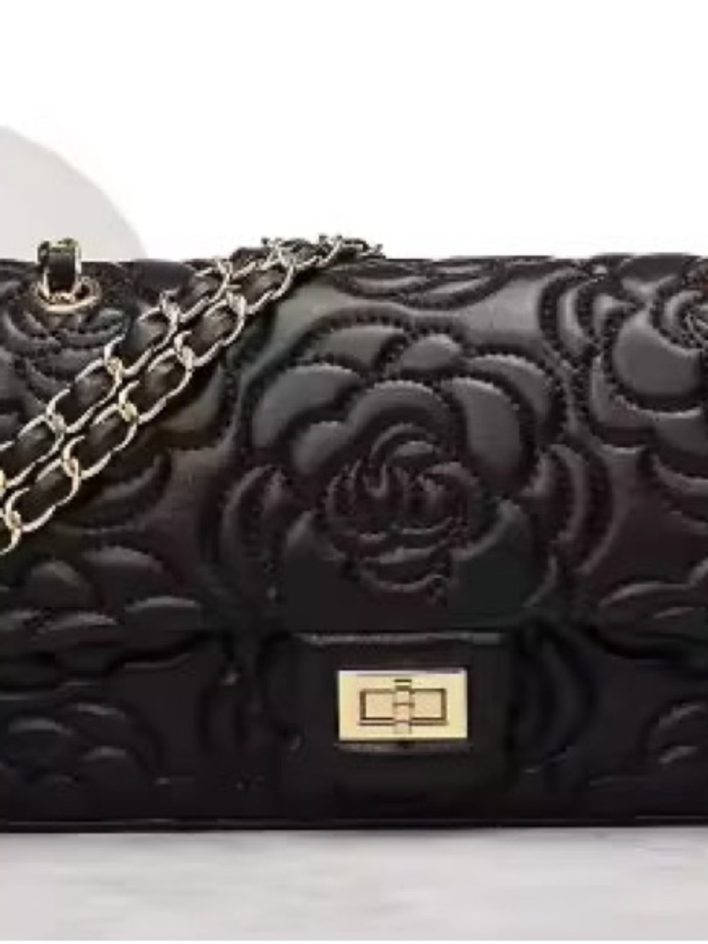 Black Quilted Floral Chain Crossbody Bag with Gold-Tone Hardware